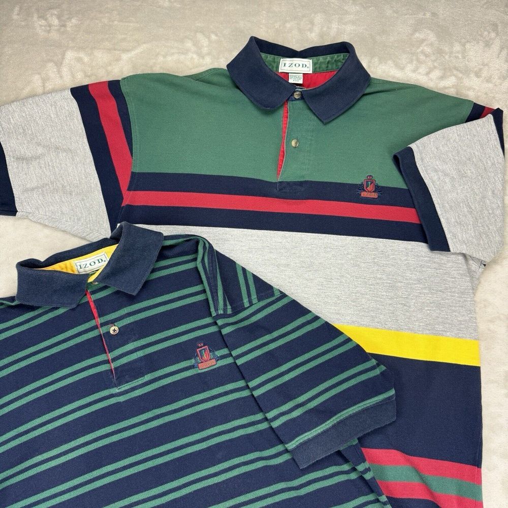 Lot Of Two Men's Size Large Vintage Izod Short Sleeve Polos Striped Color Block
